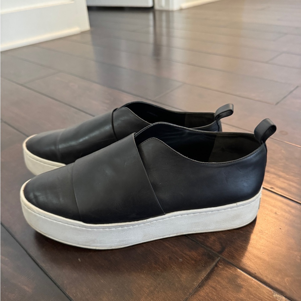 Vince Black Leather Slip-On Sneakers with White Platform Sole